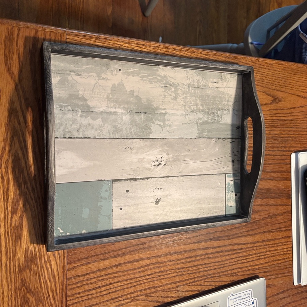 Gray Wooden tray, painted and lined . Very light measurements in pics